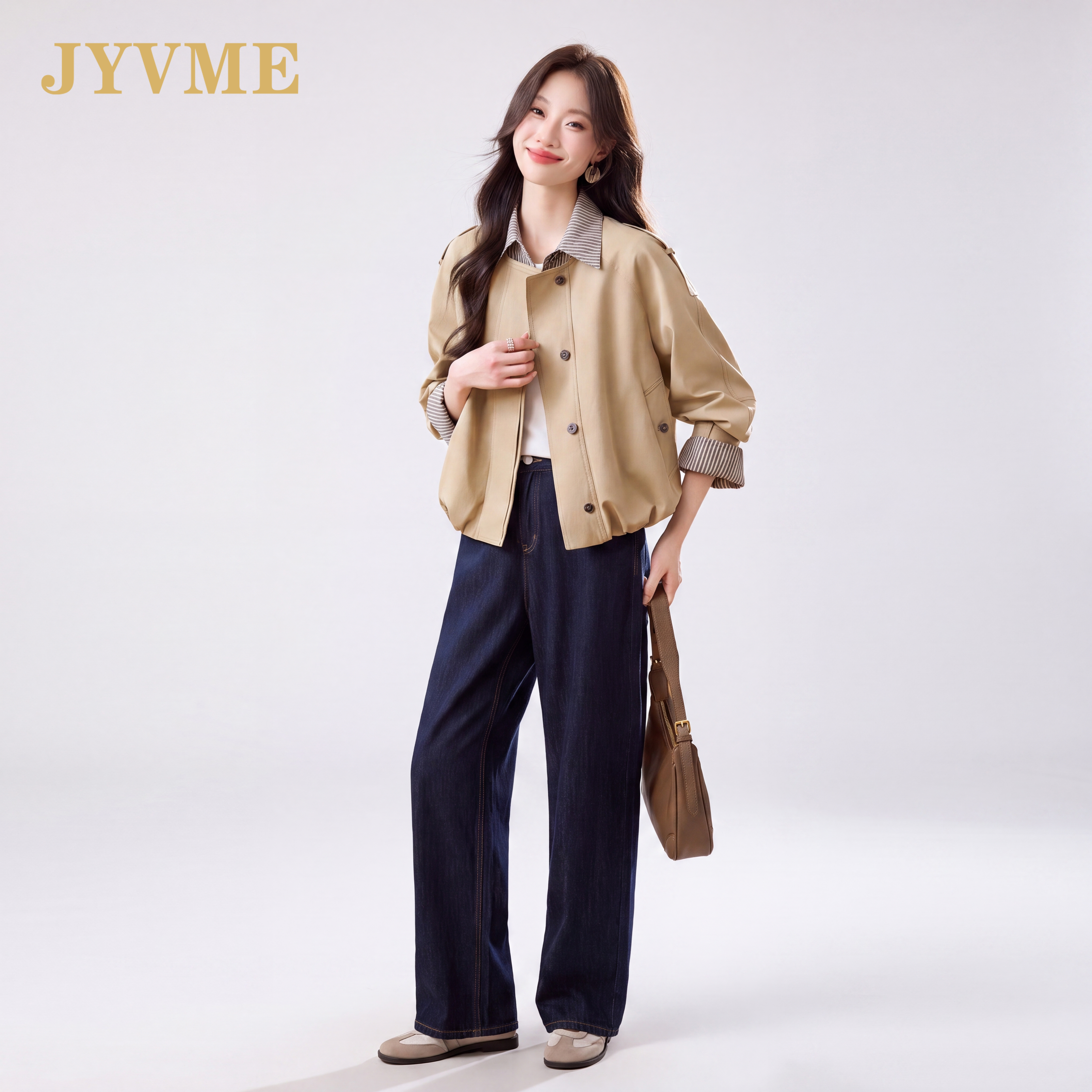 JyVme轻奢撞色假两件风衣外套女2026秋新款小个子减龄短款上衣