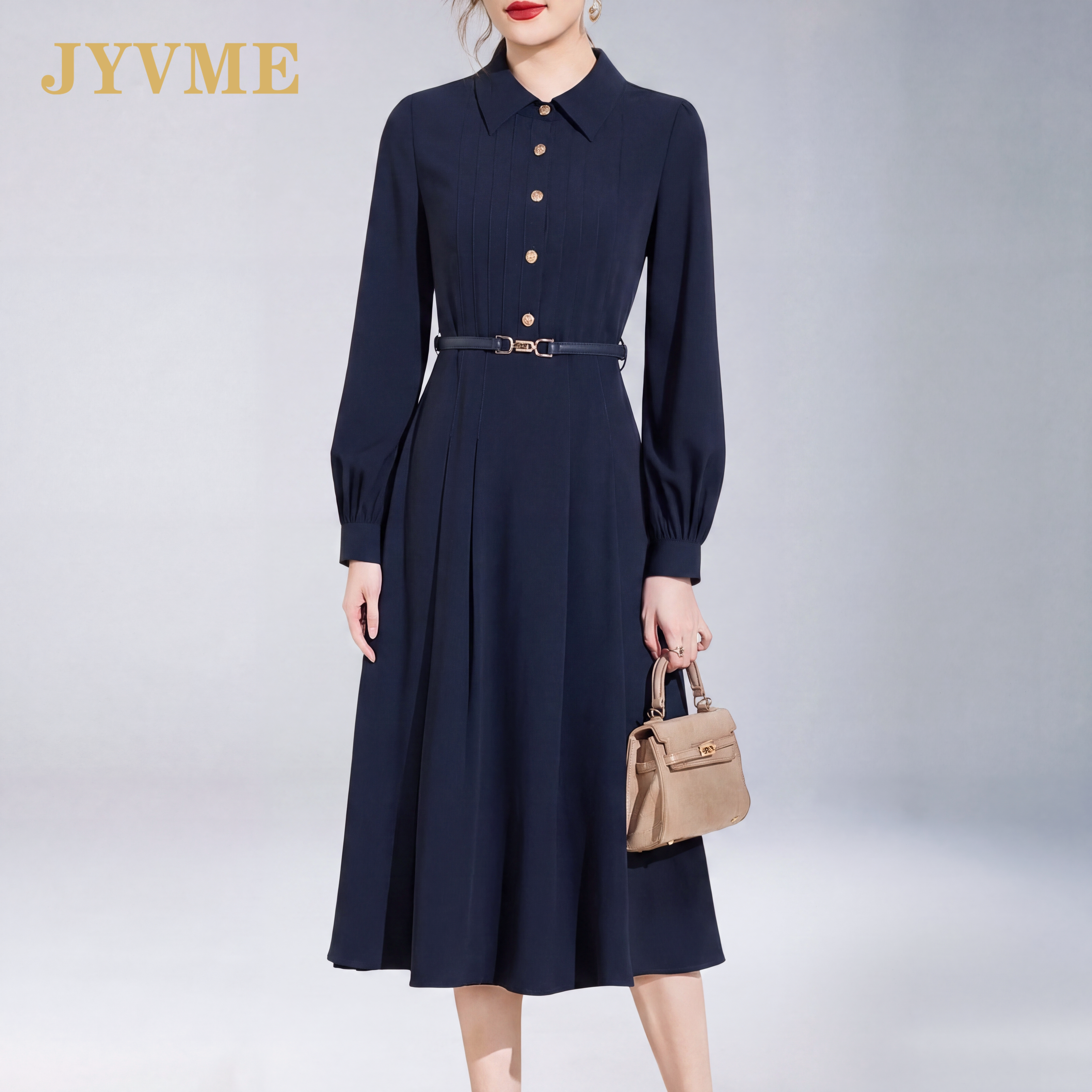 JyVme轻奢藏青色衬衫领连衣裙女长袖2026秋季新款气质收腰裙子