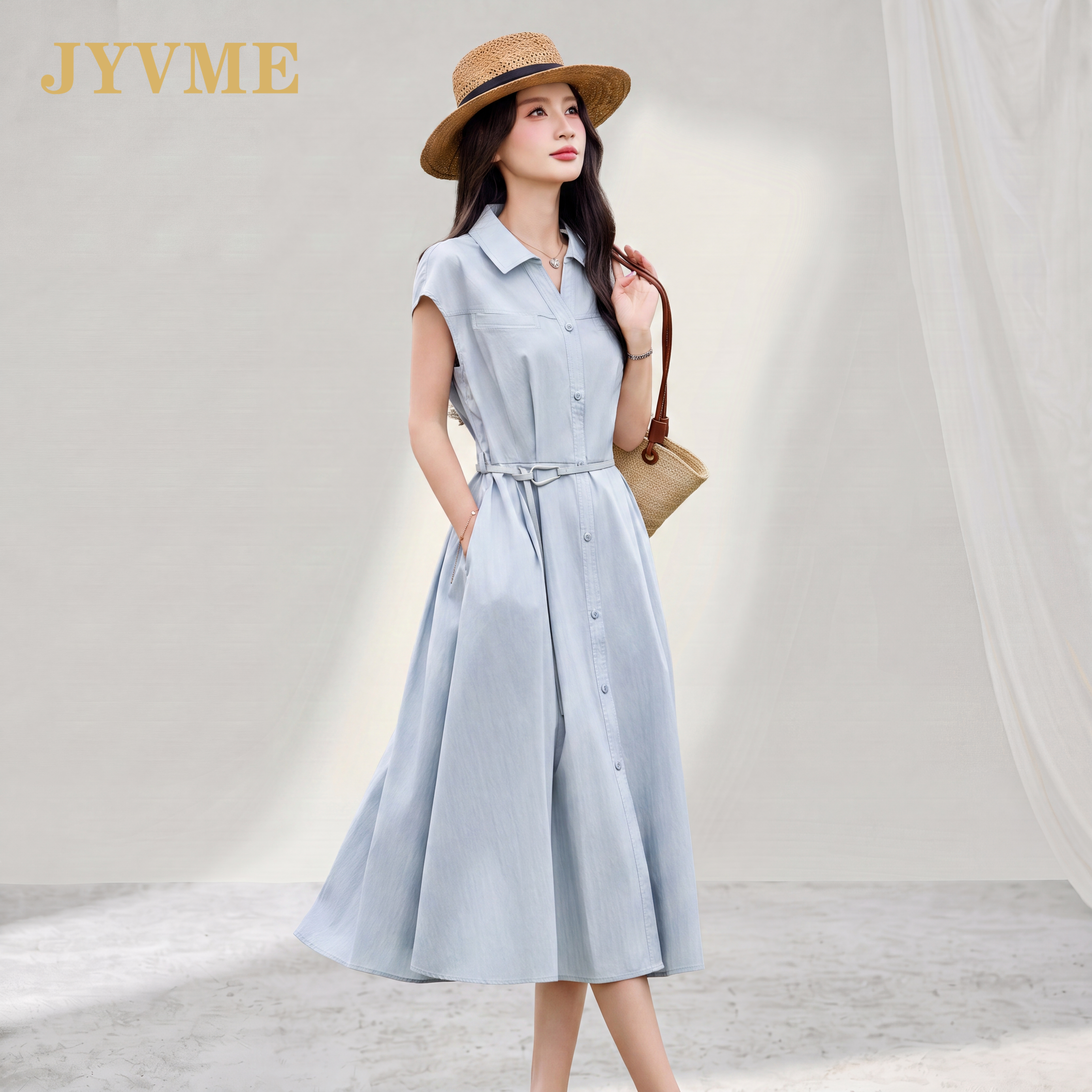 JyVme轻奢夏季连衣裙女时尚2026新款百搭收腰显瘦蓝色衬衫中长裙