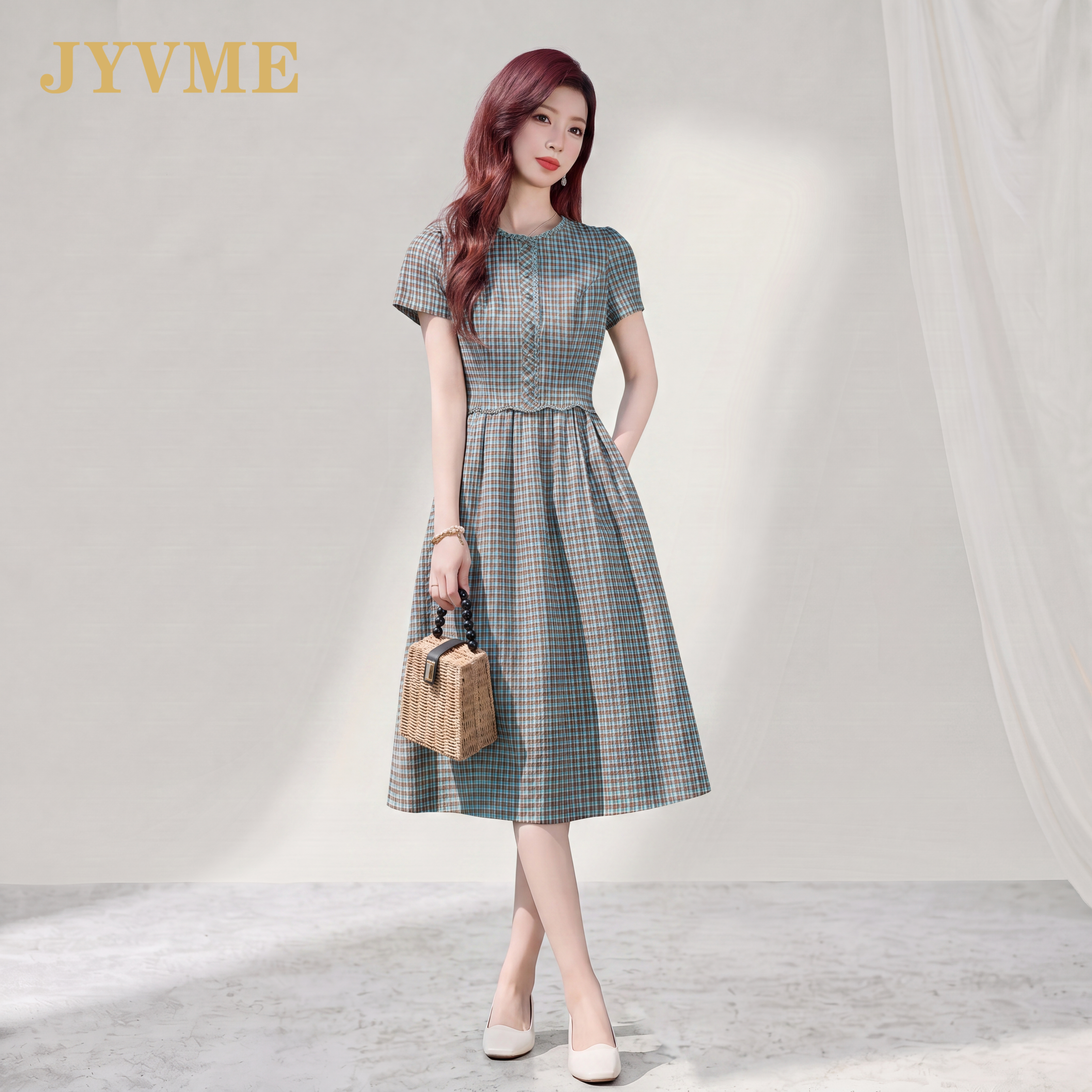 JyVme轻奢时尚格子连衣裙女中长款2026夏季新款休闲过膝棉麻裙