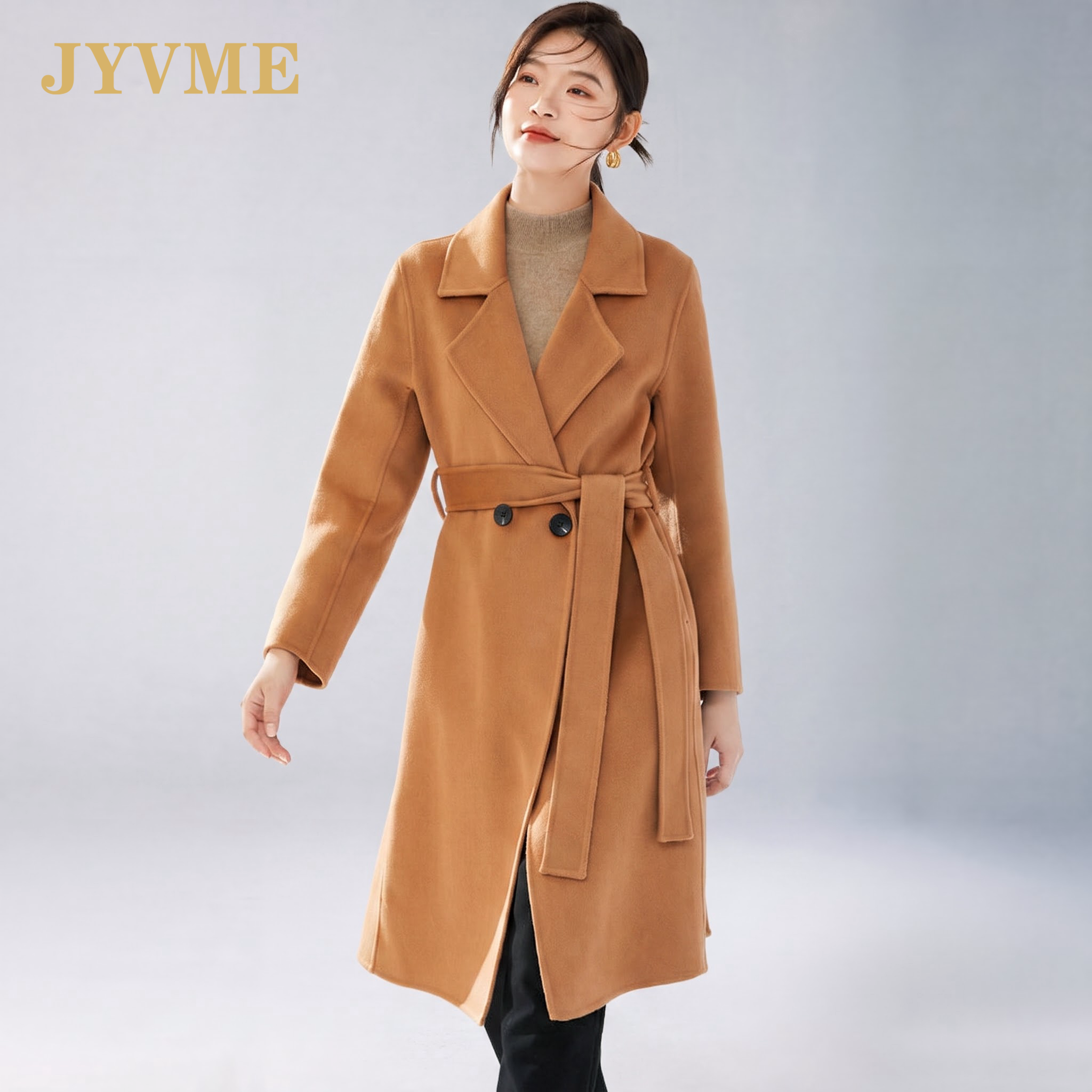 JyVme轻奢2026秋冬新款修身双面羊毛大衣西装领纯色时尚毛呢外套