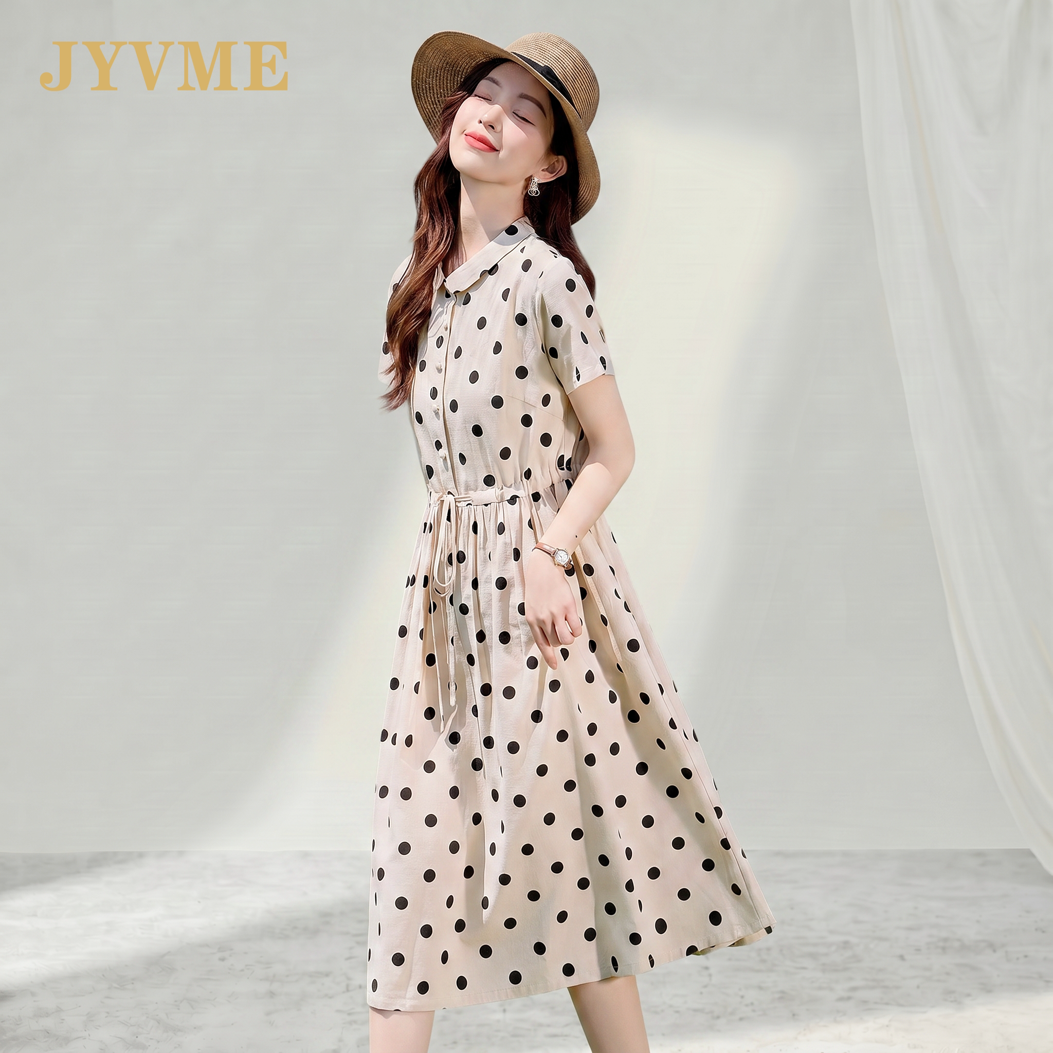 JyVme轻奢翻领波点连衣裙女2026夏季新款休闲收腰显瘦棉麻衬衫裙