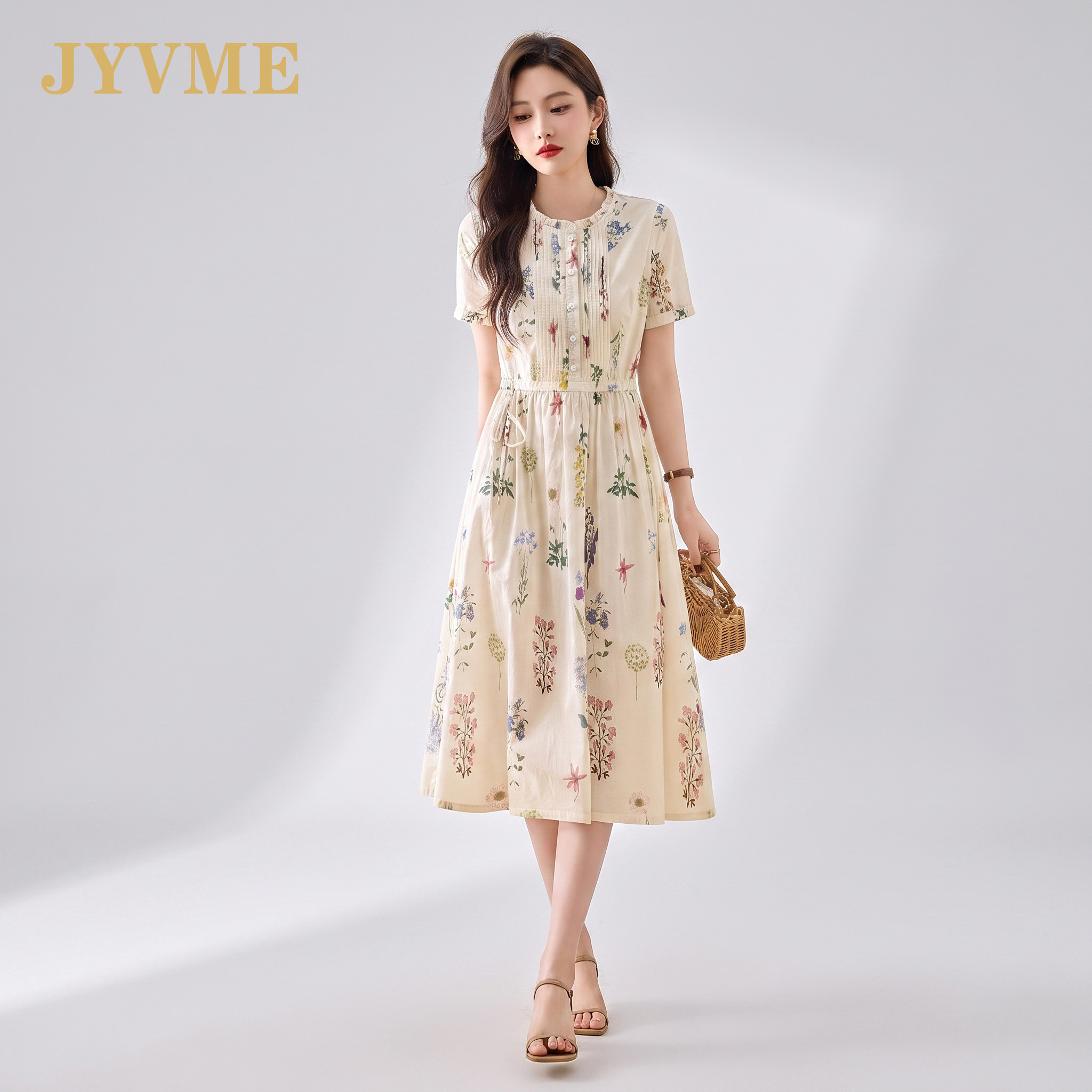 JyVme轻奢米色碎花连衣裙女2026新款夏季收腰气质纯棉中长款裙子