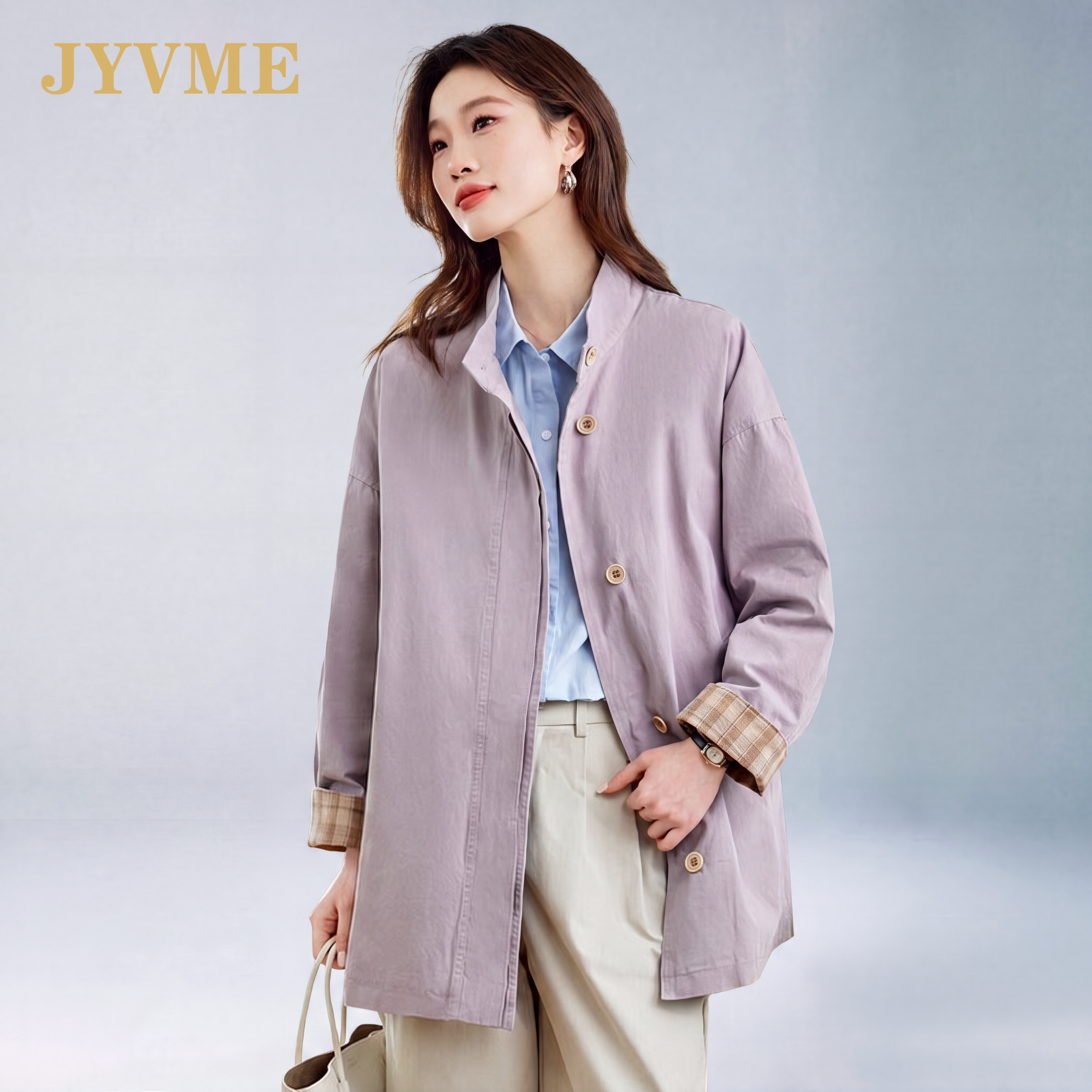 JyVme轻奢风衣外套女装2026秋季新款流行中长款小个子立领上衣