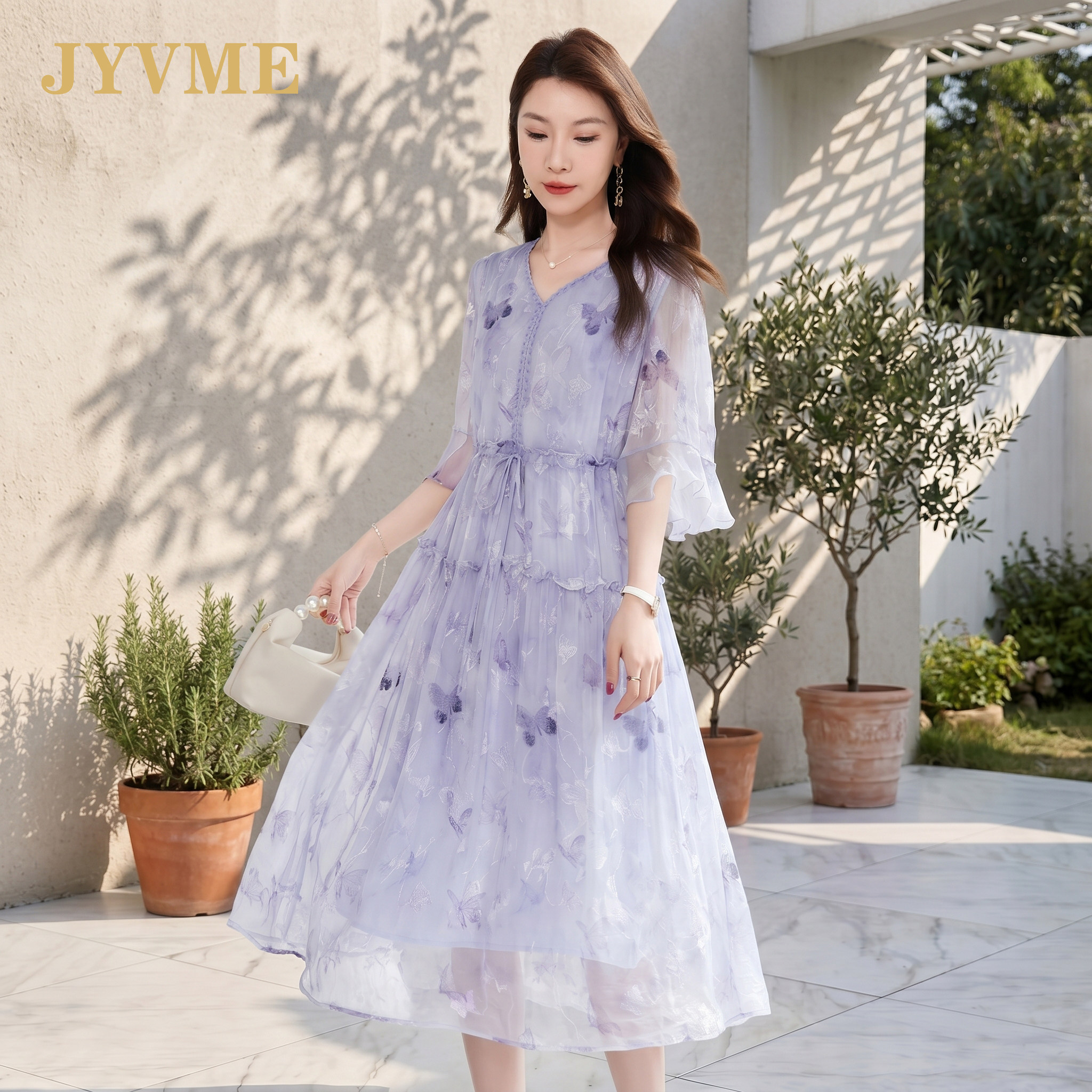 JyVme轻奢印花桑蚕丝连衣裙女紫色2026新款夏季V领收腰真丝中长裙