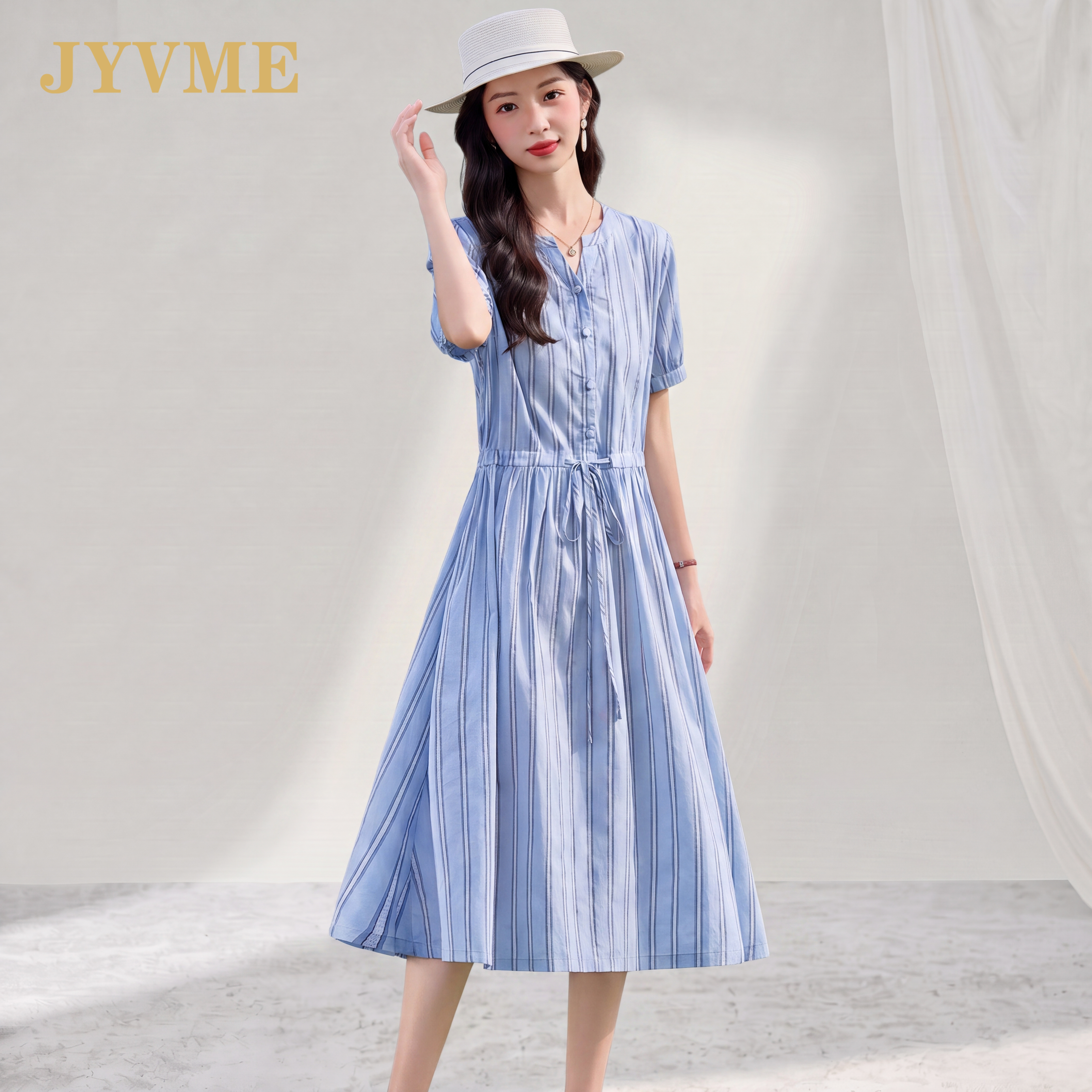 JyVme轻奢连衣裙女2026夏季新款收腰小个子气质v领蓝色时尚条纹