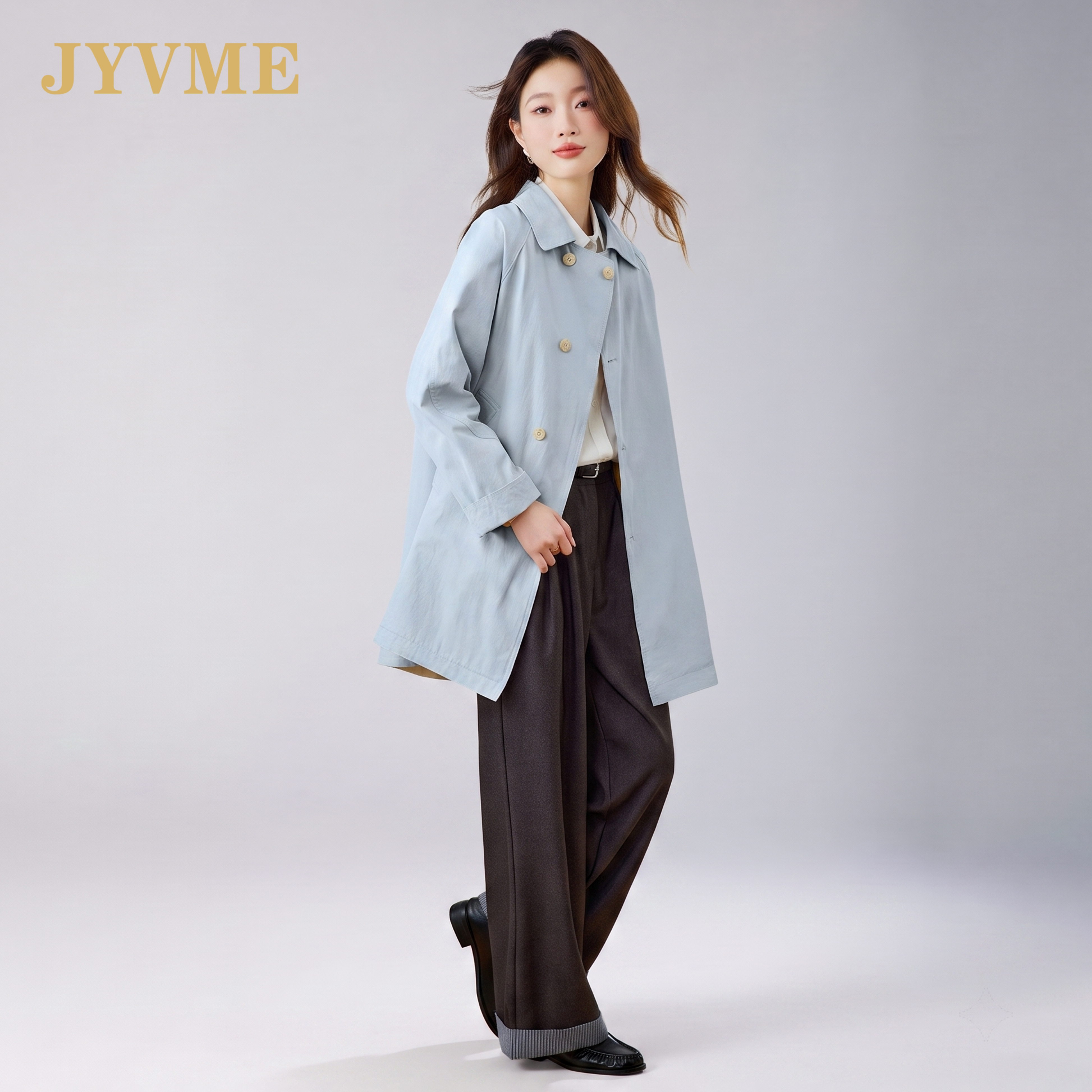 JyVme轻奢风衣外套女2026春秋季新款百搭中长款长袖纯棉气质上衣