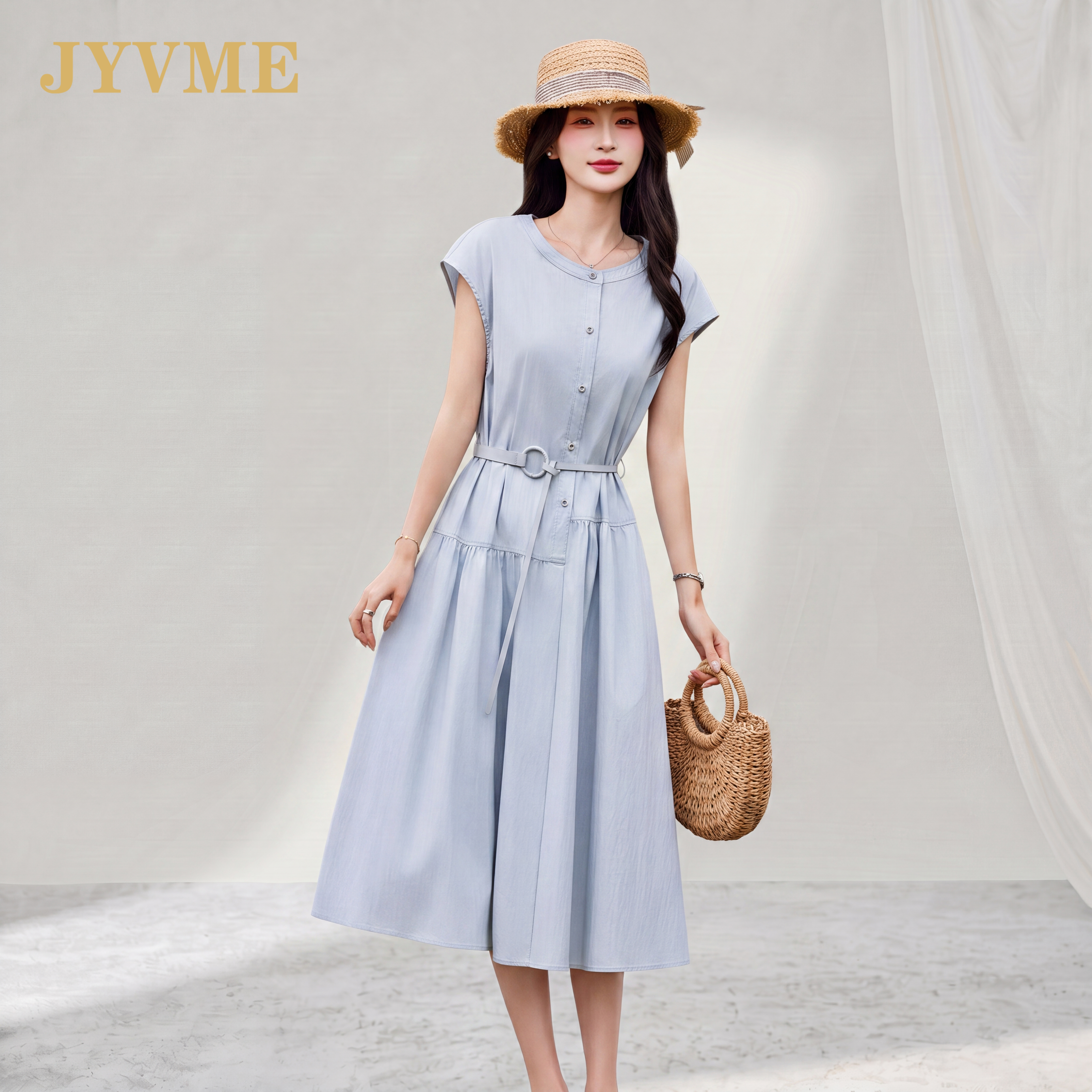 JyVme轻奢高端2026夏季新款纯色连衣裙女圆领收腰气质时尚中长裙