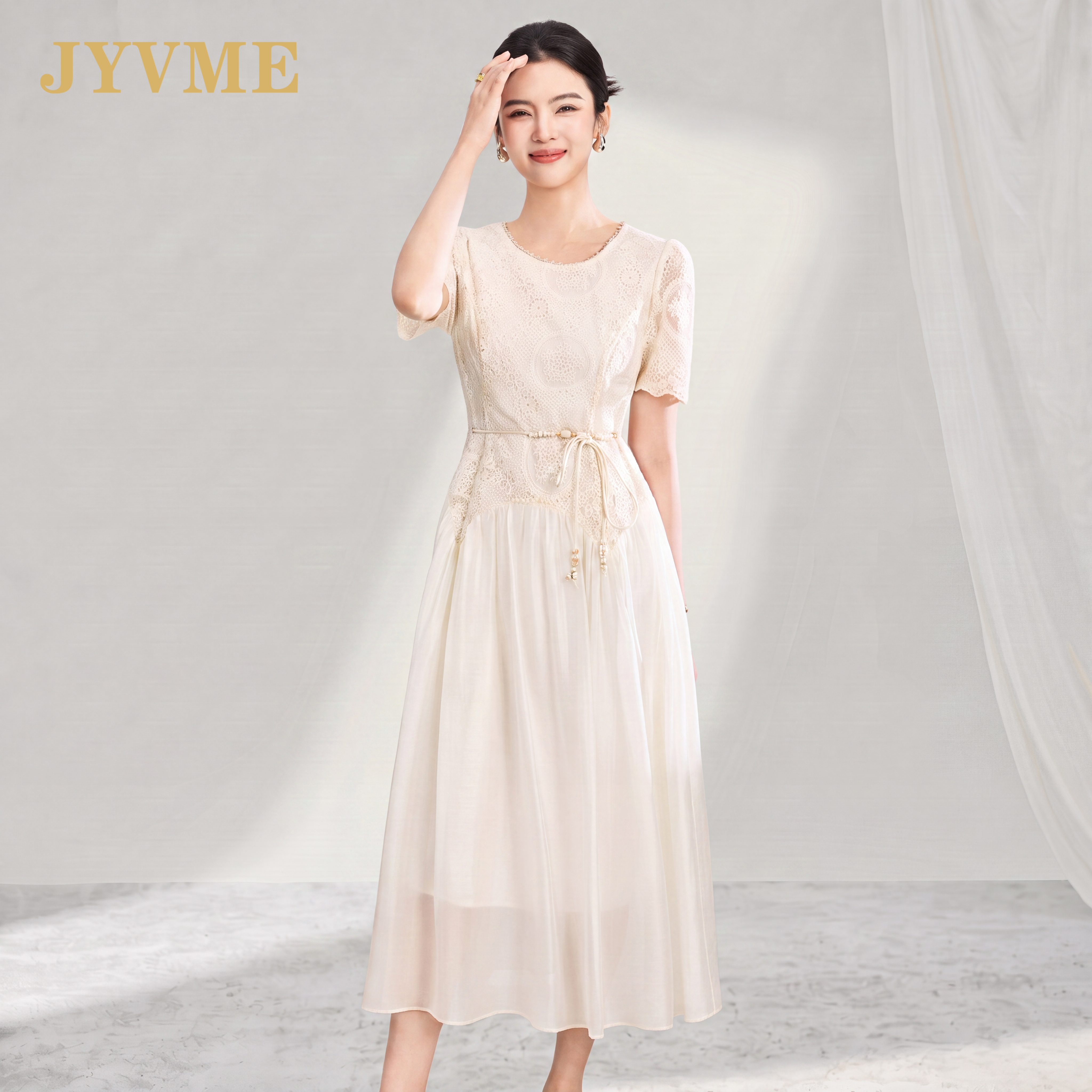 JyVme轻奢白色连衣裙女2026新款夏季刺绣天丝时尚收腰中长款裙子