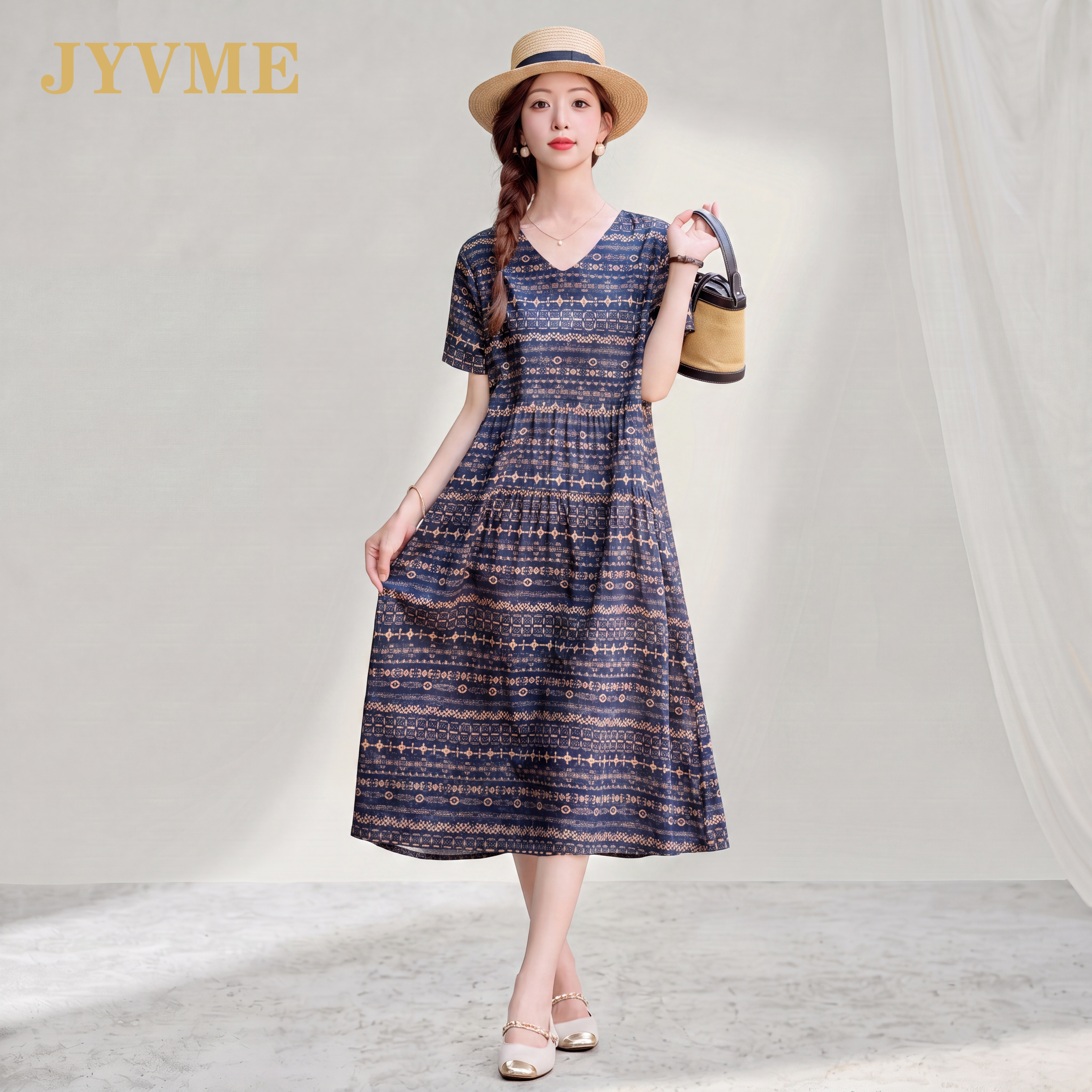 JyVme轻奢时尚印花连衣裙女夏2026新款棉麻中长款宽松妈妈a字裙
