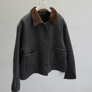 不输大牌~格纹羊毛呢棉外套女秋冬新款翻领单排扣小个子短款上衣