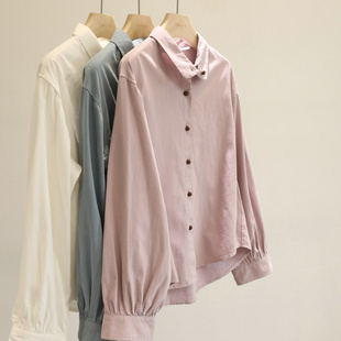 精致甜美范~粉色全棉单排扣长袖衬衫女2026春款通勤气质百搭衬衣