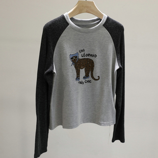 酷飒典范~豹子印花撞色插肩长袖T恤女美式休闲打底衫短上衣秋冬