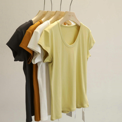 颜色hin高级~纯色鹅蛋领短袖T恤女显瘦基础百搭正肩打底上衣春夏