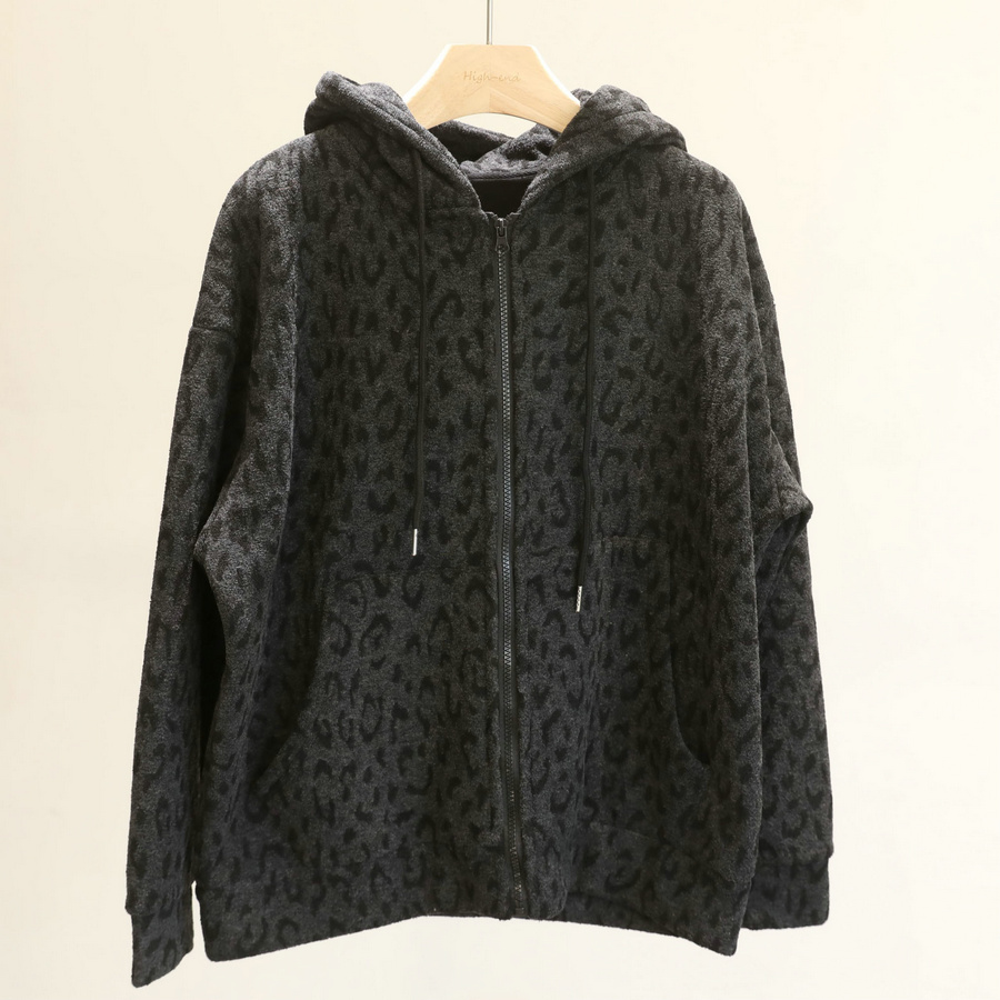 雅痞腔调~加绒桑蚕丝羊毛外套女冬加厚保暖灰色豹纹休闲连帽上衣