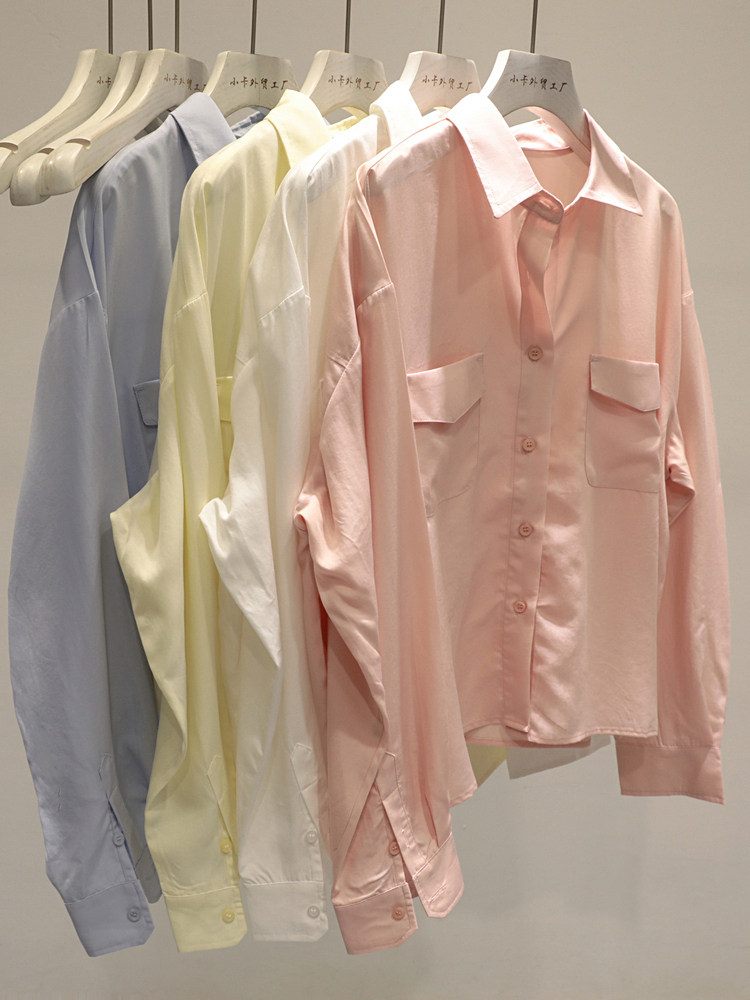 颜值天花板!简约纯色宽松长袖衬衫女休闲百搭薄款防晒衫上衣潮