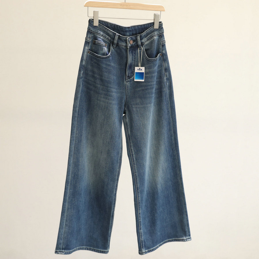 被问爆的裤子~植绒阔腿牛仔裤女复古深蓝色高腰宽松显瘦直筒长裤