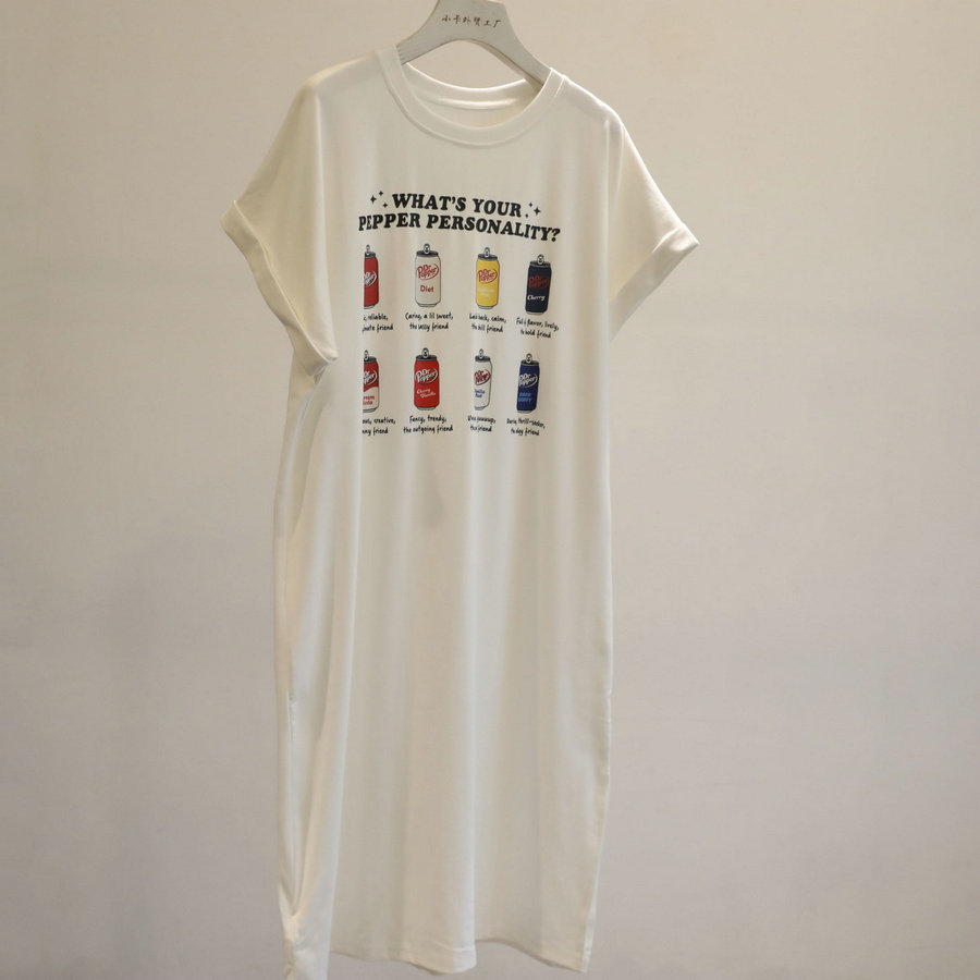 简单舒服啊~韩版卡通印花T恤连衣裙女宽松显瘦直筒过膝开叉长裙