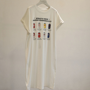 简单舒服啊~韩版卡通印花T恤连衣裙女宽松显瘦直筒过膝开叉长裙