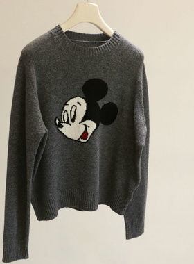 心水好货！卡通米奇圆领套头针织衫女宽松百搭毛衣灰色长袖绵羊毛