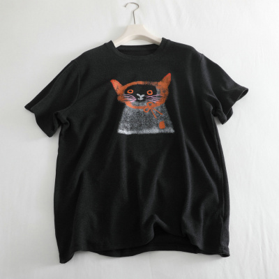 配色洋气高级~卡通小猫加绒短袖T恤女深灰色百搭休闲加厚打底衫