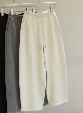 慵懒feel！冬季加绒阔腿休闲卫裤女松紧高腰纯色百搭香蕉裤长裤