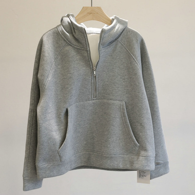 重磅！闭眼入~加绒灰色半拉链立领连帽卫衣女冬季休闲加厚短上衣