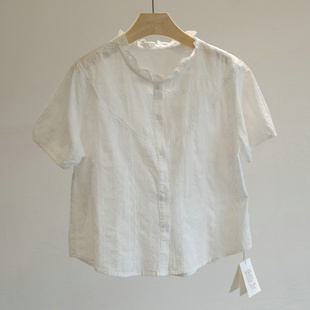 细节美爆！白色木耳领刺绣短袖衬衫女法式温柔风短款娃娃衫夏季