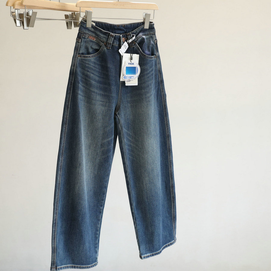 重磅显瘦弹力面料~植绒弯刀牛仔裤女秋冬高腰百搭宽松阔腿裤长裤