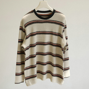 慵懒feel 女秋冬2025宽松显瘦圆领加厚上衣 杏色条纹兔毛绒打底衫