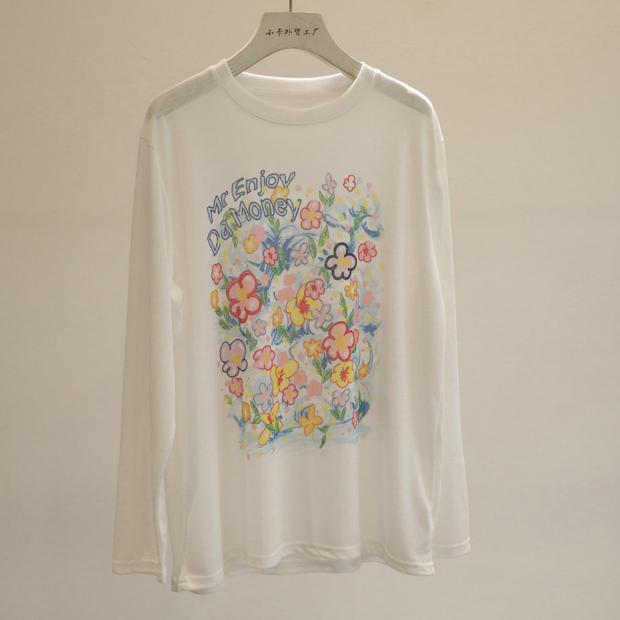 莱赛尔神tee！白色印花长袖T恤女夏季薄款宽松百搭防晒罩衫上衣