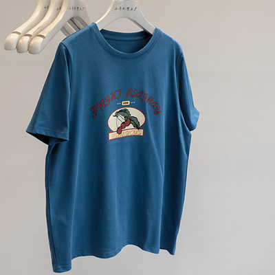 孔雀蓝樱桃印花圆领短袖T恤