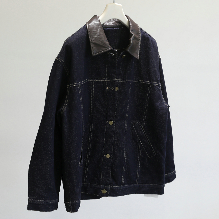 本期高货推荐~深蓝色拼接皮领牛仔棉外套女宽松显瘦夹棉上衣秋冬