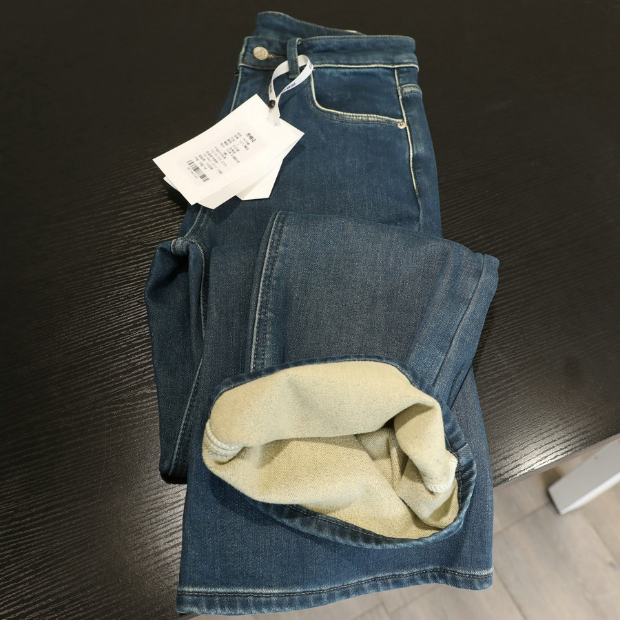 植绒双版本！薄绒秋冬直筒微喇牛仔裤女修身百搭喇叭裤长裤