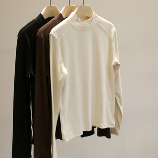 德绒锁温!秋冬磨毛半高领长袖T恤女米色保暖内搭打底衫上衣