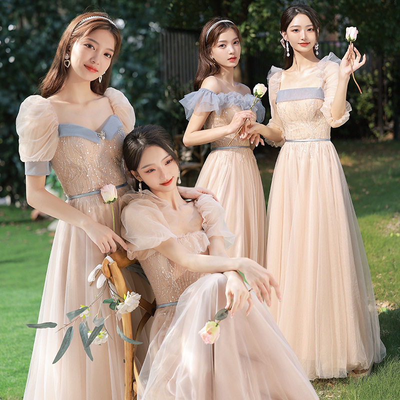 2026新款夏季香槟色小个子中式缎面姐妹团伴娘服简单大方租赁出租