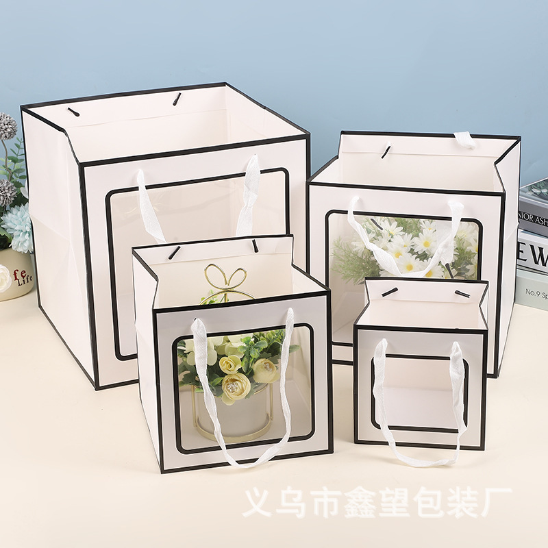 现货开窗正方形透明包装袋鲜花玩偶婚庆礼品袋蛋糕烘培手提袋