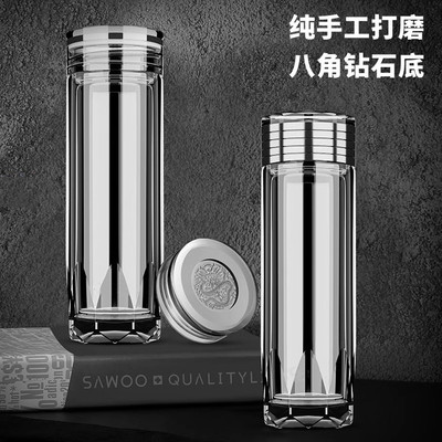 钻石切面双层玻璃杯加厚男士泡茶杯银币杯盖水杯车载杯子礼品水晶