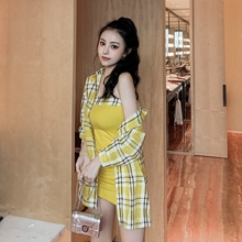 显瘦两件套连衣裙女 菲儿家欧美2019早秋抹胸露肩格子长袖 修身