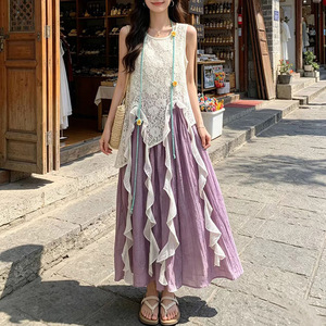 大理旅游度假风夏季飘逸大摆裙文艺连衣裙两件套蕾丝不规则长裙
