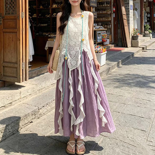 大理旅游度假风夏季飘逸大摆裙文艺连衣裙两件套蕾丝不规则长裙