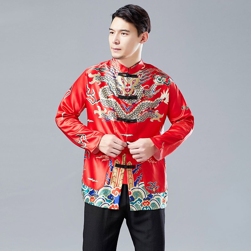 中国风缎面唐装大龙盘扣对襟外套