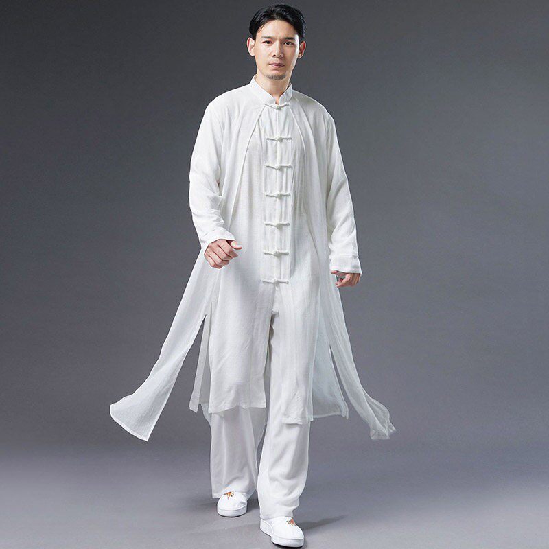 中国风棉麻汉服长外套假两件复古长衫白色长袍仙气茶服蝉服演出服
