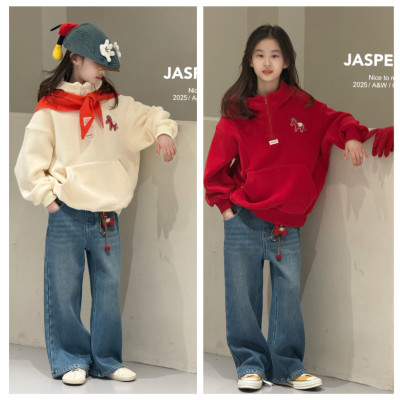 Jasper波拉韩国童装2025冬男女一体绒小马连帽卫衣中大童年装上衣