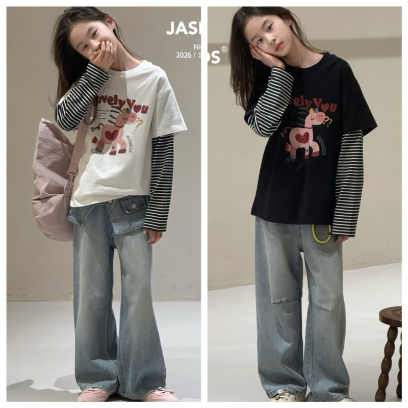 Jasper波拉韩国童装2026春款男女童长袖T恤中大童韩版假两件上衣