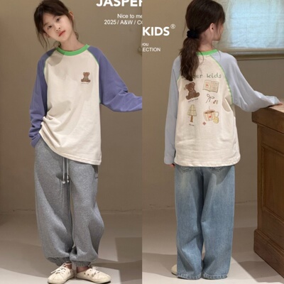 Jasper韩国波拉童装25秋装女童韩版小熊长袖T恤中大童打底衫上衣