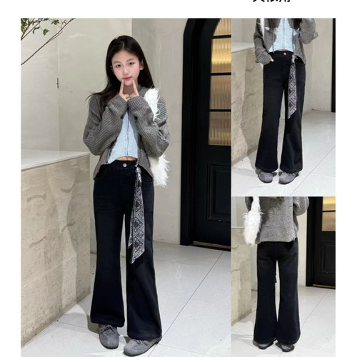 天依角裤子2025冬款女童一体绒韩版牛仔裤青少年亲子喇叭裤25082