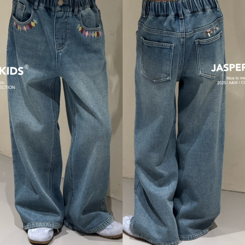 Jasper波拉韩国童装2025秋冬女童韩版牛仔裤中大童休闲直筒裤亲子