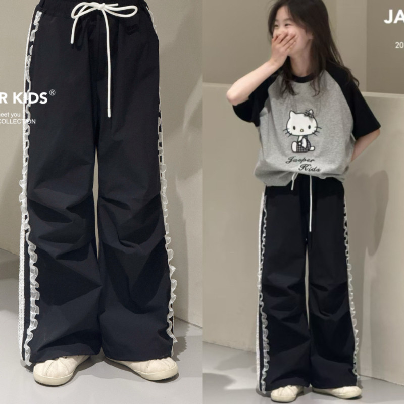 Jasper波拉韩国童装2025夏装儿童蕾丝边休闲裤女童韩版直筒裤亲子