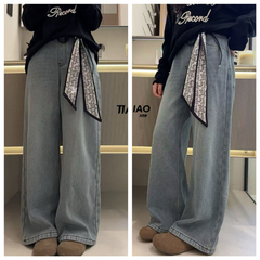 天依角正品2025冬女童一体绒牛仔直筒裤中大童阔腿裤长裤潮25006